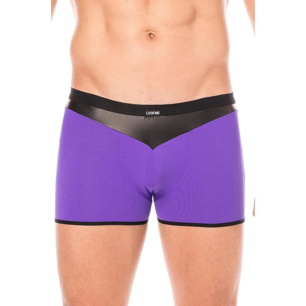 Boxer violet design bande simili cuir pointe avant arrière doux confortable extensible élasthanne polyester durable ajusté