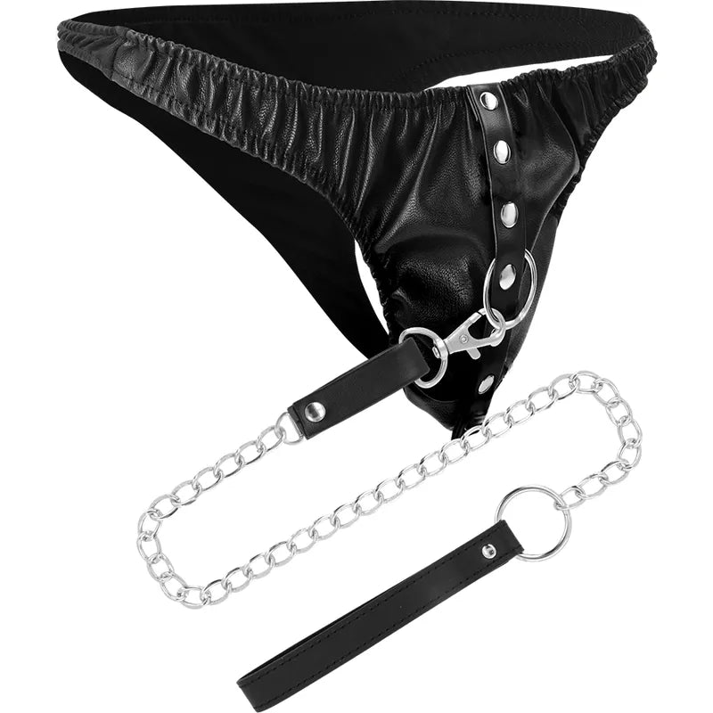 Bracelet BDSM cuir végétalien noir, chaîne métal robuste sans nickel, coutures élégantes, ajustable, style intense.