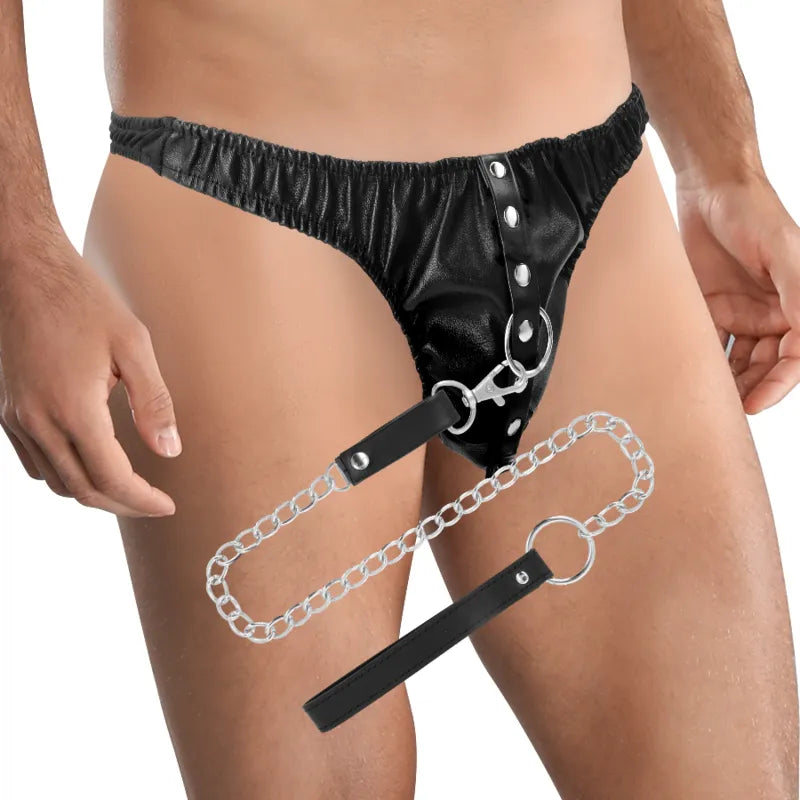 Bracelet BDSM cuir végétalien noir, chaîne métal robuste sans nickel, coutures élégantes, ajustable taille universelle.