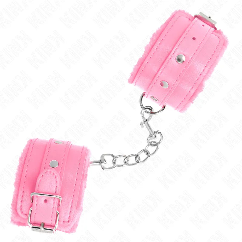 Bracelets BDSM en cuir rose avec rembourrage doux, boucles métalliques robustes et chaîne de connexion.
