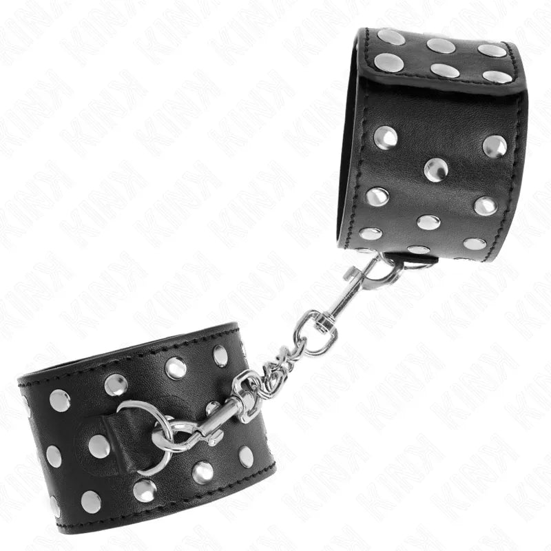 Bracelets BDSM cuir noir rembourrés, boucles métalliques, anneaux résistants, élégants, sécurisés, ajustables, haute qualité.