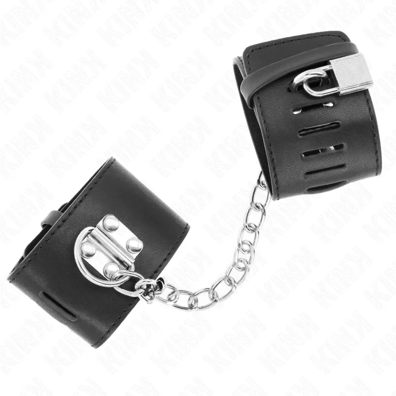 Bracelets BDSM en cuir noir véritable avec boucles métalliques renforcées et chaîne, élégants et robustes pour jeux sécuri...