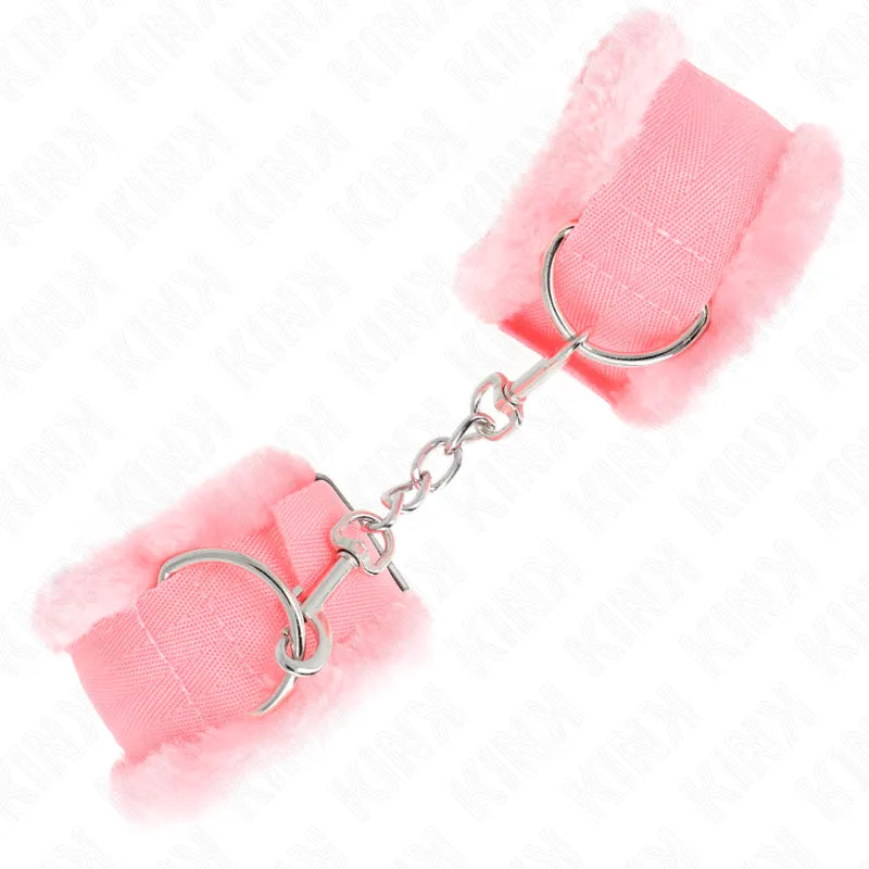 Bracelets BDSM en cuir rose, ajustables, avec boucles métalliques robustes et chaîne, design élégant et confortable.