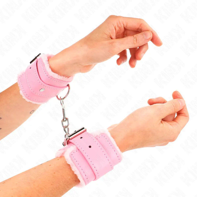 Bracelets BDSM roses en cuir avec doublure douce, boucles réglables, chaîne en métal pour confort et sécurité.