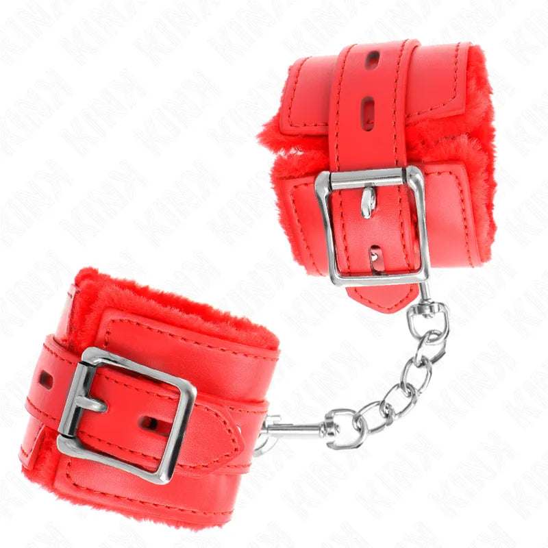 Bracelets BDSM rouges en cuir véritable avec boucles métalliques et chaîne, design élégant et ajustable, confort durable.