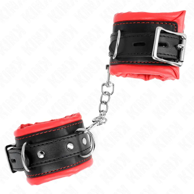 Bracelets BDSM cuir noir et rouge, rembourrés, ajustables avec boucles solides et anneaux de fixation, design élégant.