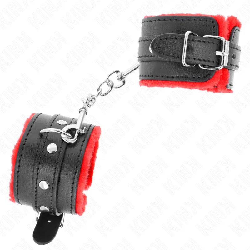 Bracelets BDSM cuir noir rouge, rembourrés, boucles métalliques, anneaux robustes, élégants et confortables.
