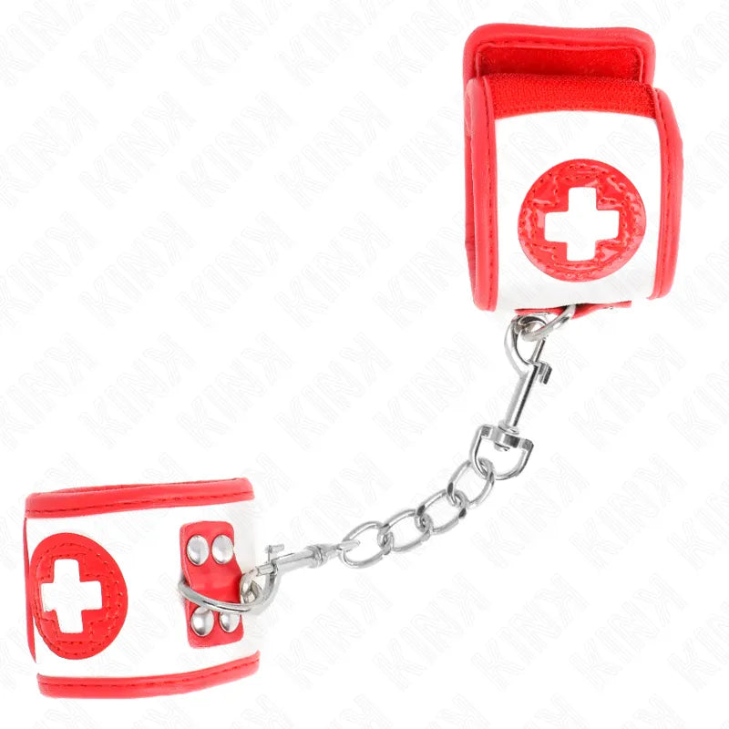 Bracelet BDSM cuir rouge et blanc, boucles métalliques robustes, design ergonomique, finition élégante et personnalisable.