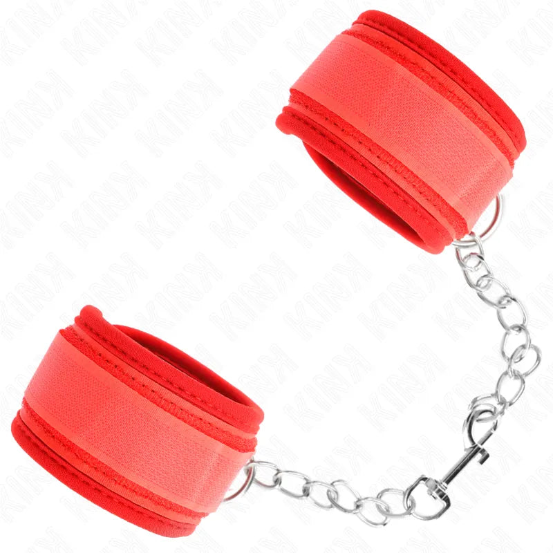 Bracelets BDSM rouges en cuir véritable, rembourrés, avec boucles métalliques et anneaux, élégants et durables.