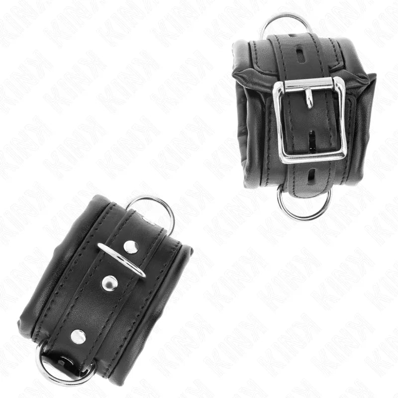 Bracelet BDSM en cuir végétalien noir, ergonomique, ajustable, avec boucle métallique, élégant et éthique.