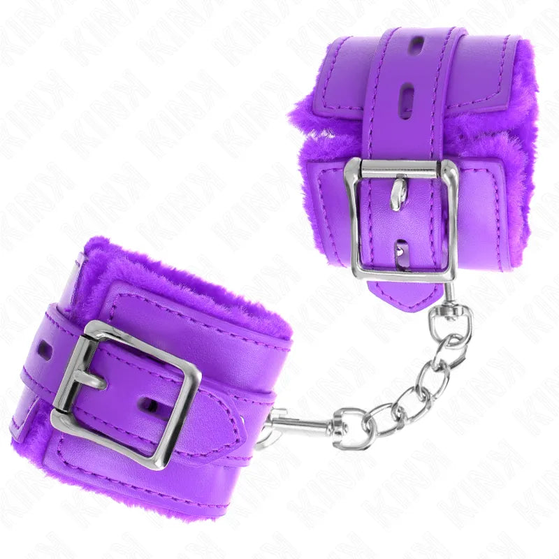 Bracelets BDSM violets en cuir végan rembourrés, ajustables avec boucles en métal, chaîne de liaison sécurisée.