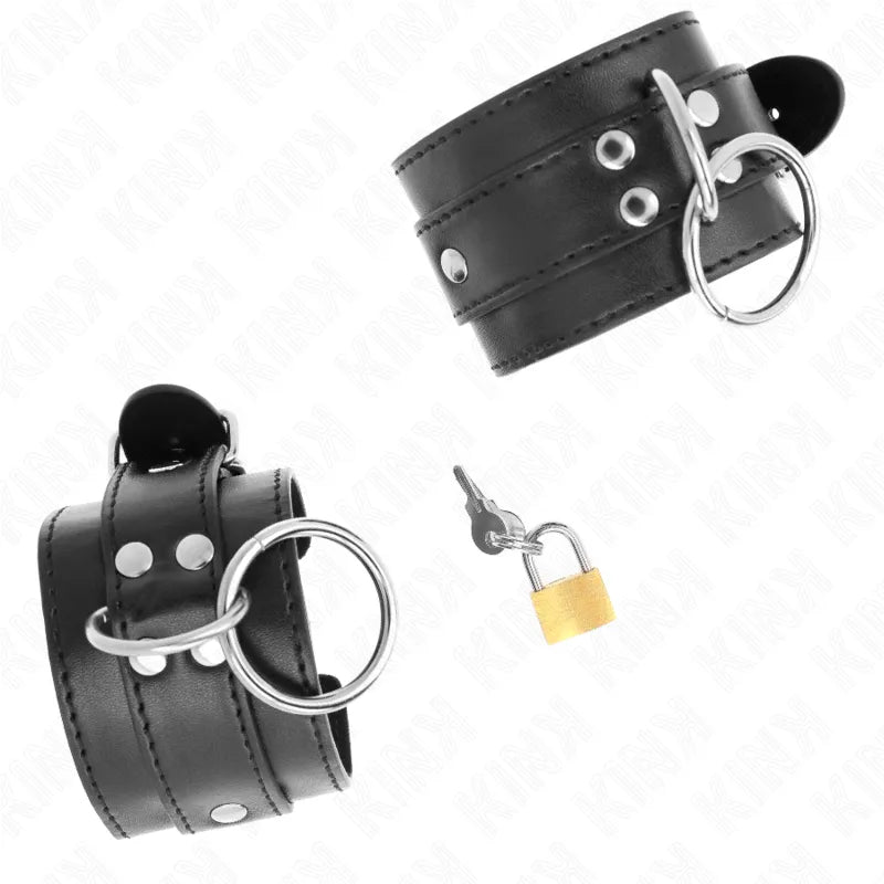 Bracelets BDSM en cuir noir véritable, fermetures robustes, anneaux métalliques, confortables et élégants pour sessions in...