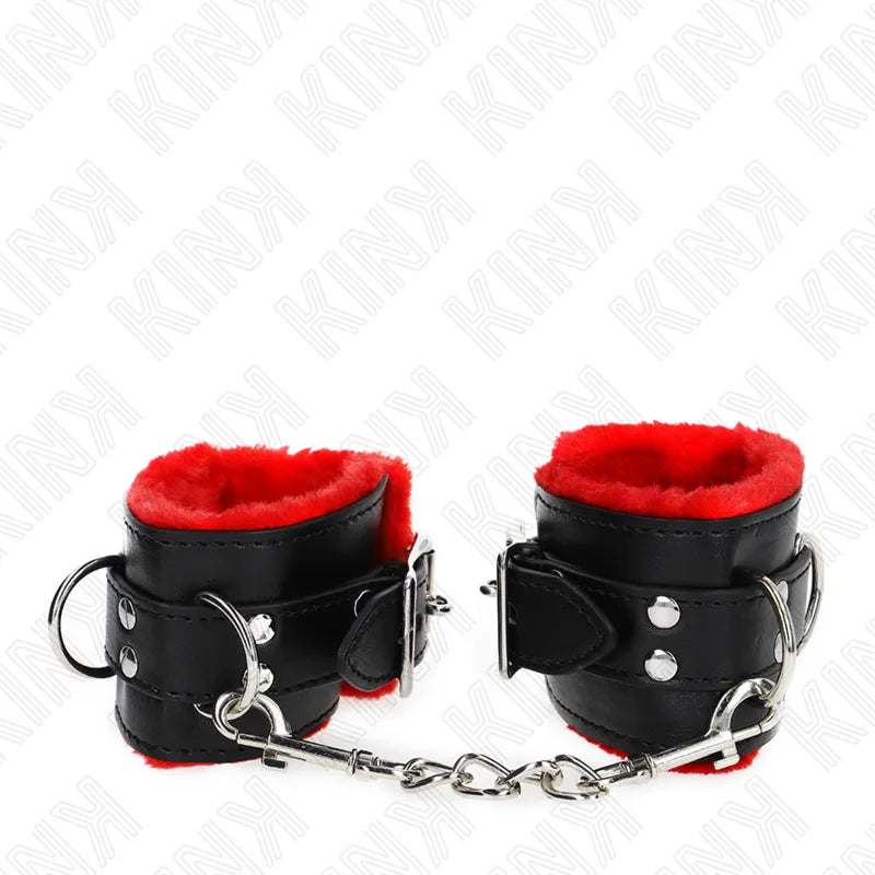 Bracelets BDSM en cuir noir et rouge, boucles robustes, anneaux D, doublure rouge, élégants et durables.