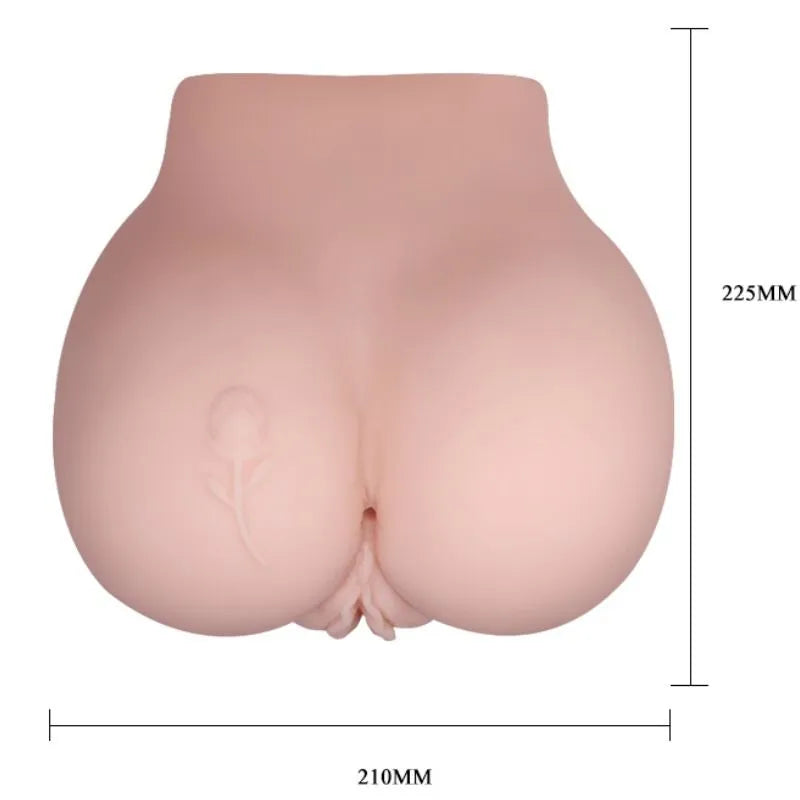 Buste silicone réaliste rose, fesses tatouées, double tunnels texturés, vagin et anus, télécommande vibrante étanche.