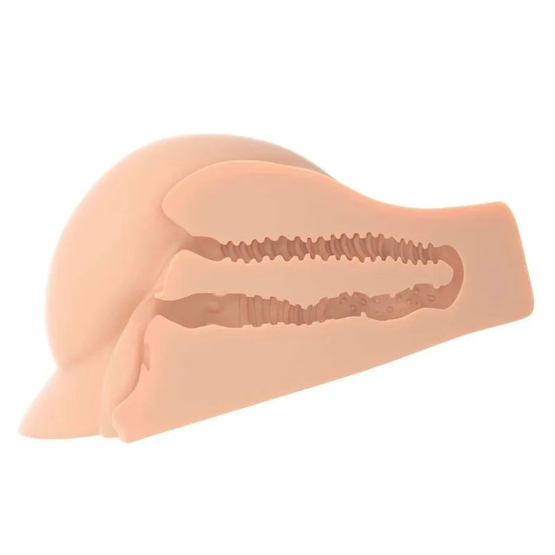 Buste masturbateur silicone réaliste, texture interne complexe, joues rebondies, couleur chair, compact et ergonomique.