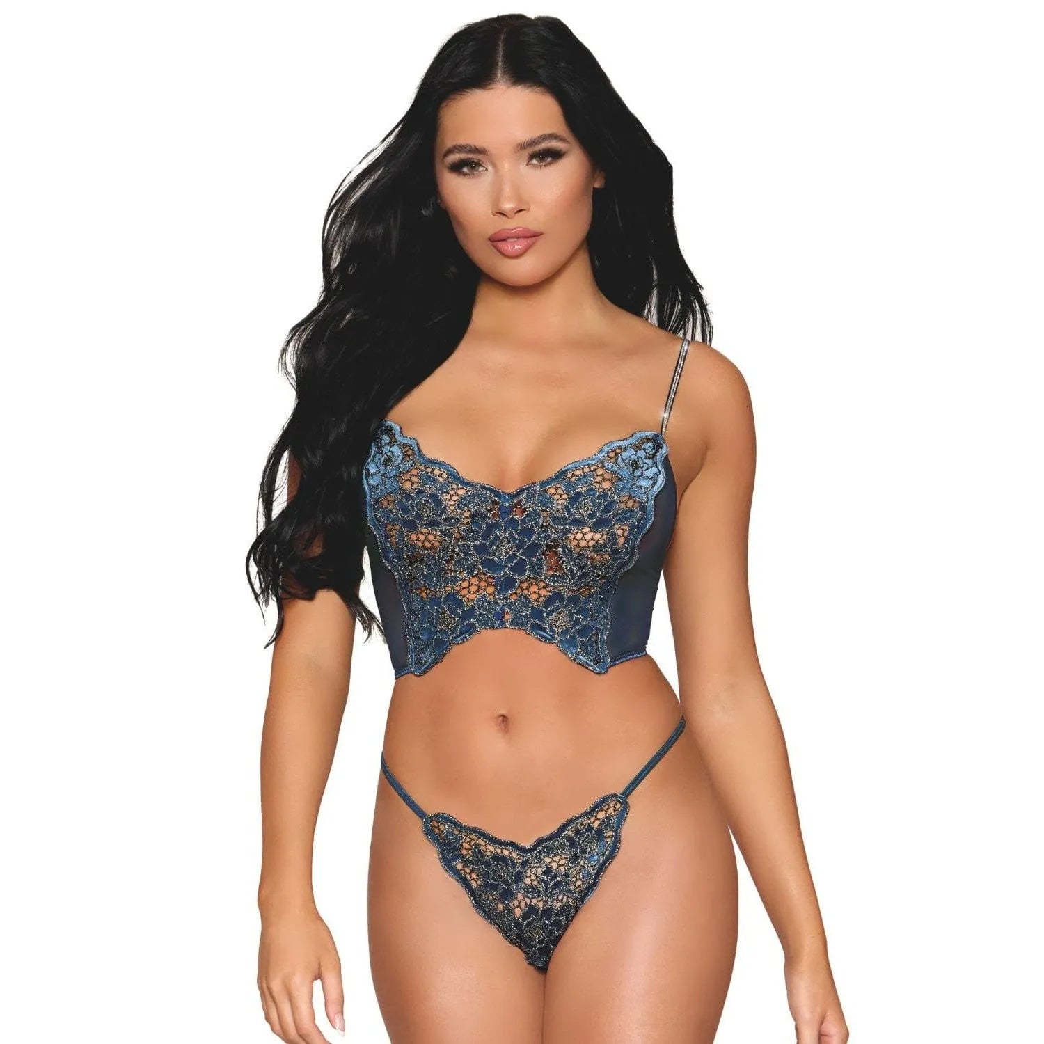 bustier dentelle florale sans baleine strass argenté bretelles réglables string ficelle assorti nylon spandex extensible confortable