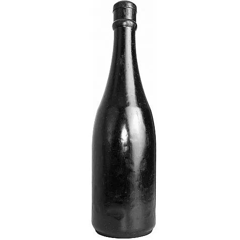 Bouchon anal noir forme bouteille champagne, PVC imperméable, compatible lubrifiants silicone et eau, étui transparent.