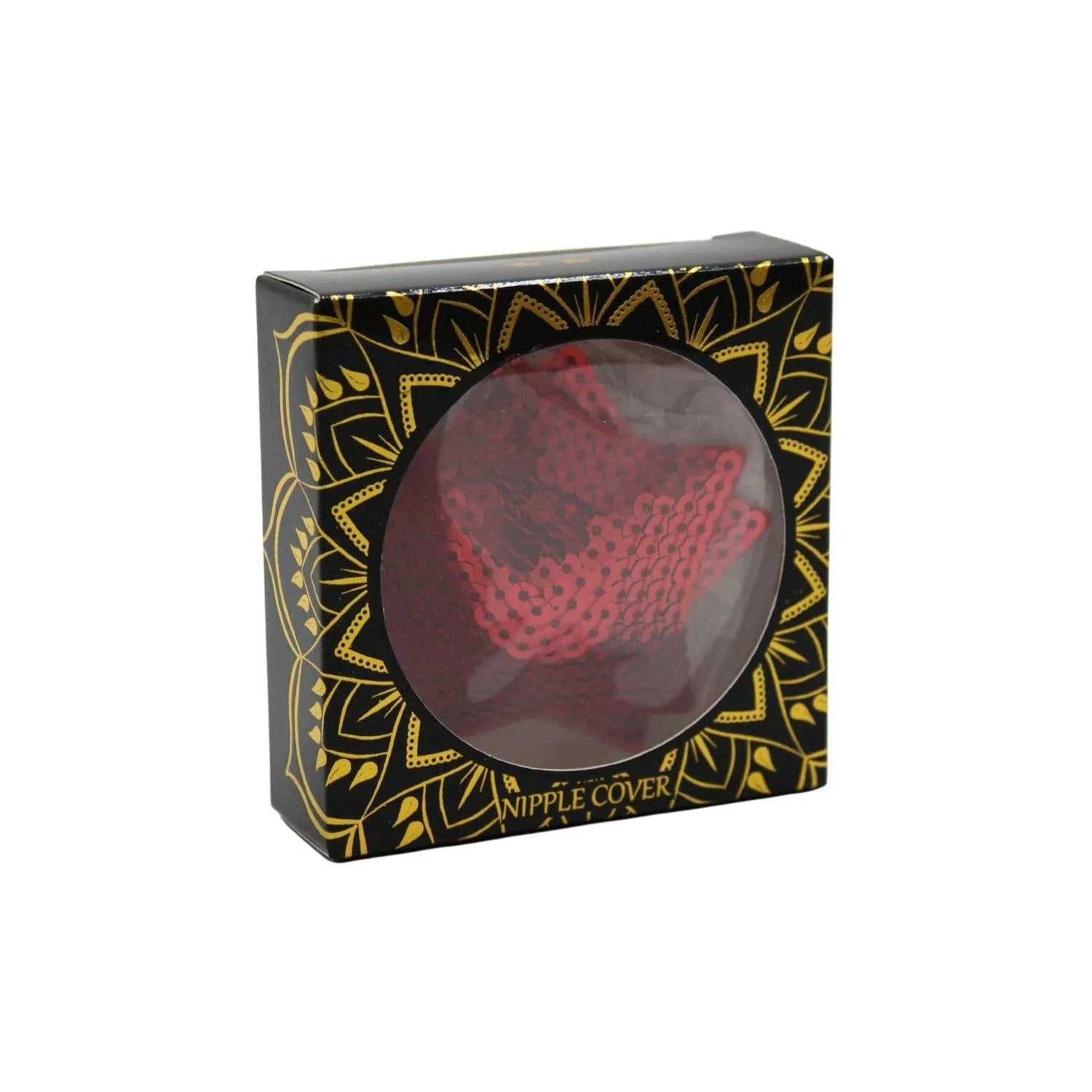 Cache-tétons étoile rouges à sequins brillants dans une boîte noire décorative, glamour et réutilisables.