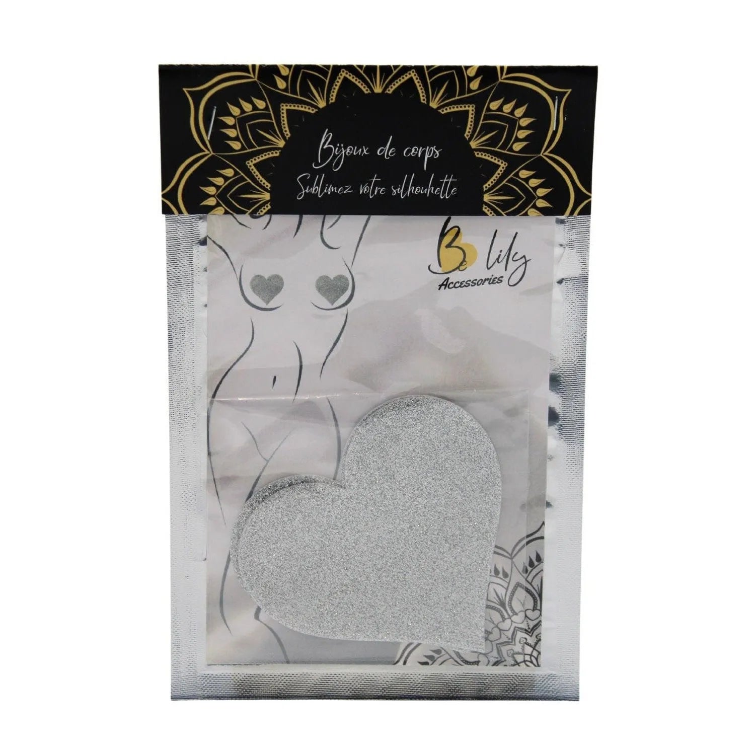 Cache-tétons cœur blanc pailleté, glamour et discret, adhésif hypoallergénique, idéal pour sublimer la silhouette.