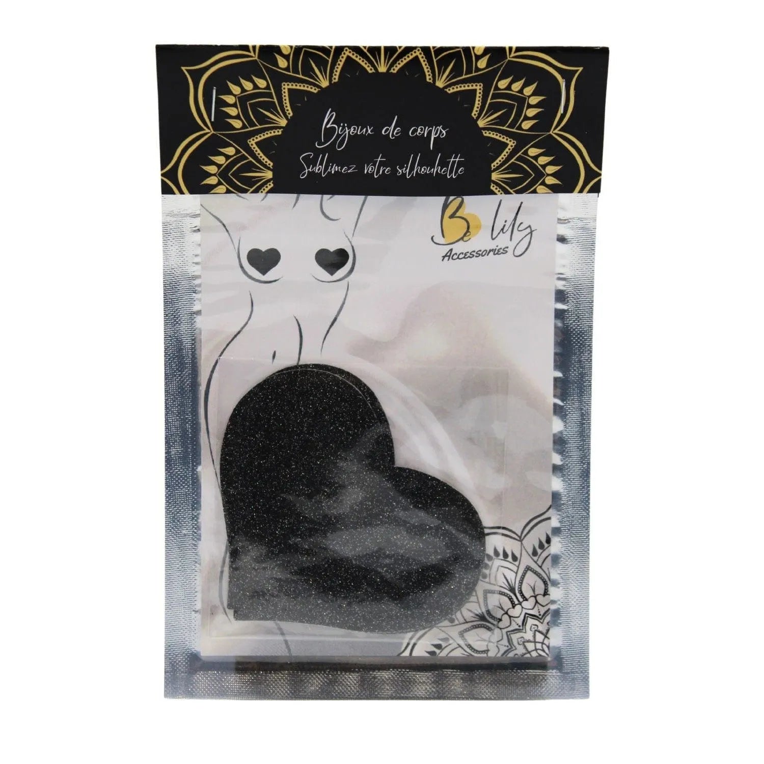 Cache-tétons cœur noir pailleté adhésif, glamour et discret, idéal pour tenues dos nu, doux et réutilisable.