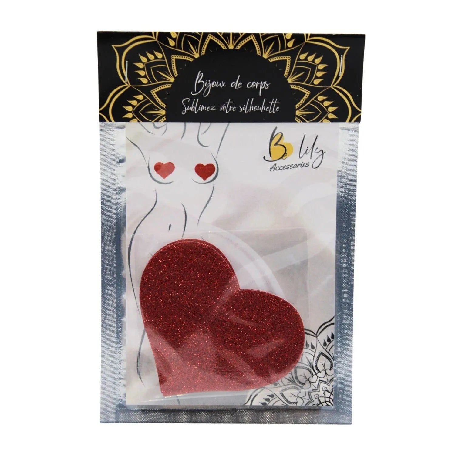 Cache-tétons cœur rouge pailleté glamour, adhésif discret, silhouette féminine, soirée spéciale, élégance romantique.