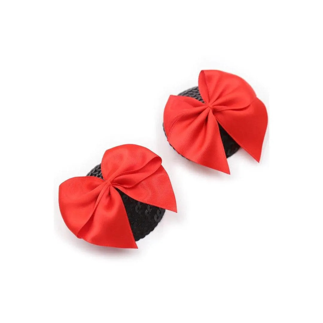 cache tétons satin noir noeud rouge élégant raffiné confortable polyester soyeux adhésif réutilisable discret glamour soirée séduction
