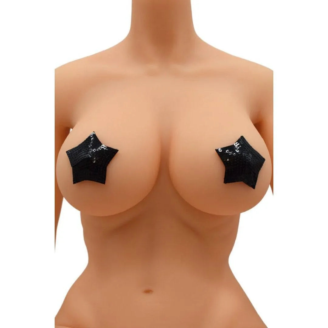 Caches mamelons étoile sequins noirs brillants, adhésifs réutilisables, élégants et glamour pour soirées spéciales.