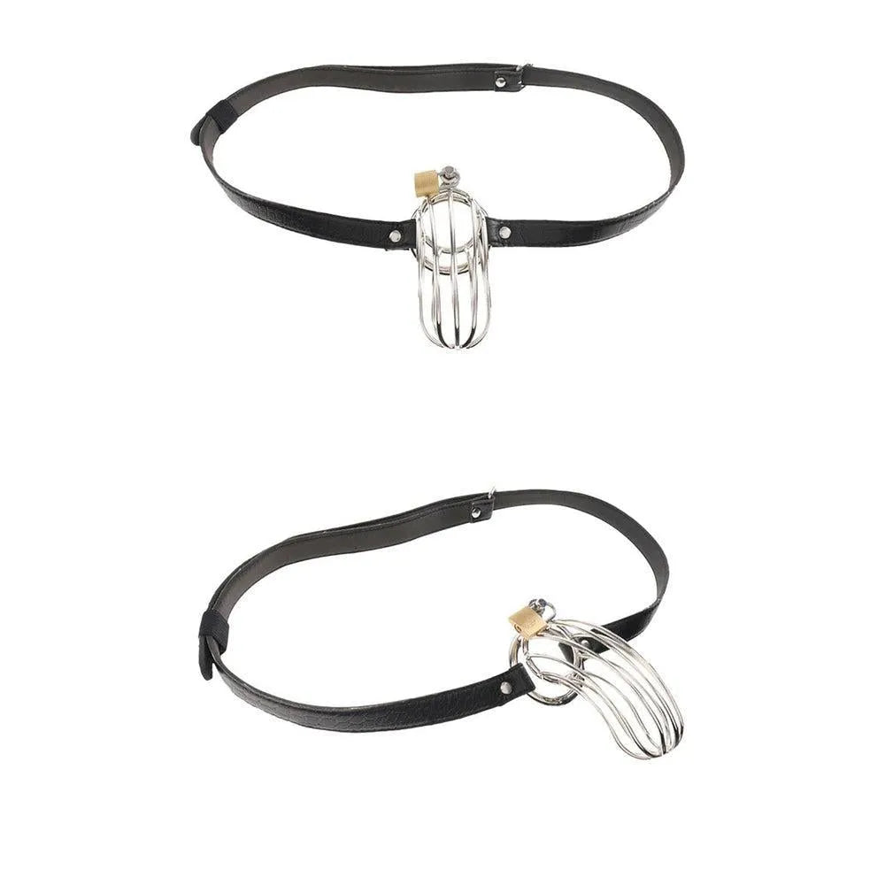 Cage pénis acier inoxydable poli, ceinture cuir motif serpent réglable, longueur 15 cm, diamètre 3,5 cm.