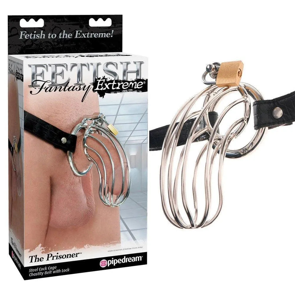 Cage pénis acier inoxydable poli, ceinture cuir serpent réglable, longueur 15 cm, Ø 3,5 cm, chasteté discrète.