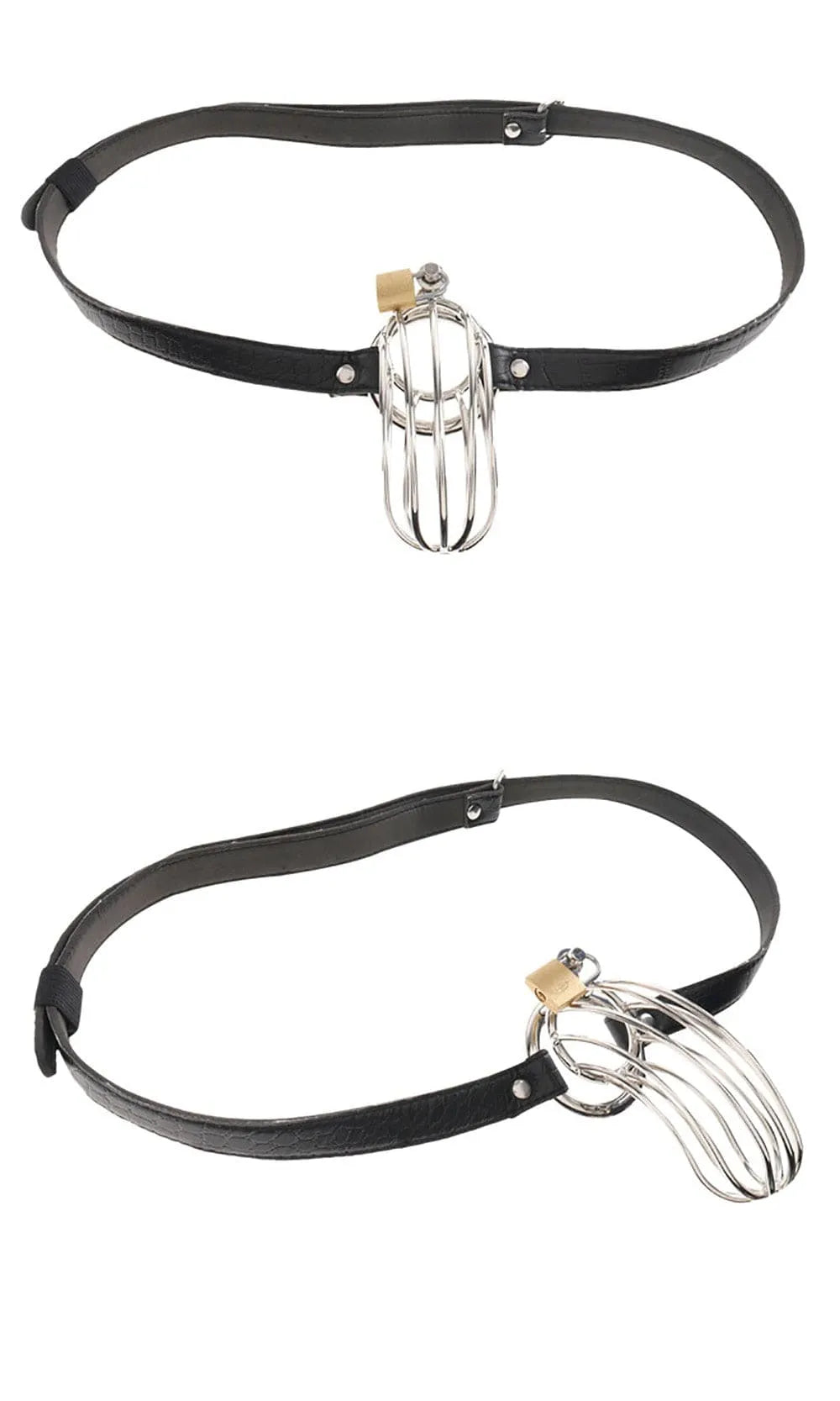 Cage pénis acier inoxydable poli, ceinture cuir serpent réglable, longueur 15 cm, diamètre 3,5 cm, design discret.
