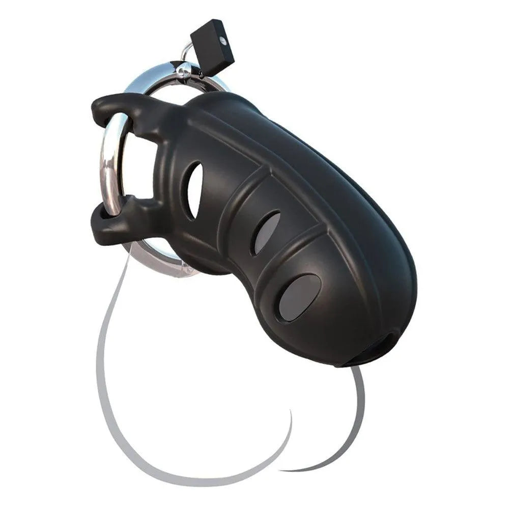 Cage de chasteté noire en silicone et acier, cadenas inclus, anneau pénien réglable, design ergonomique et discret.