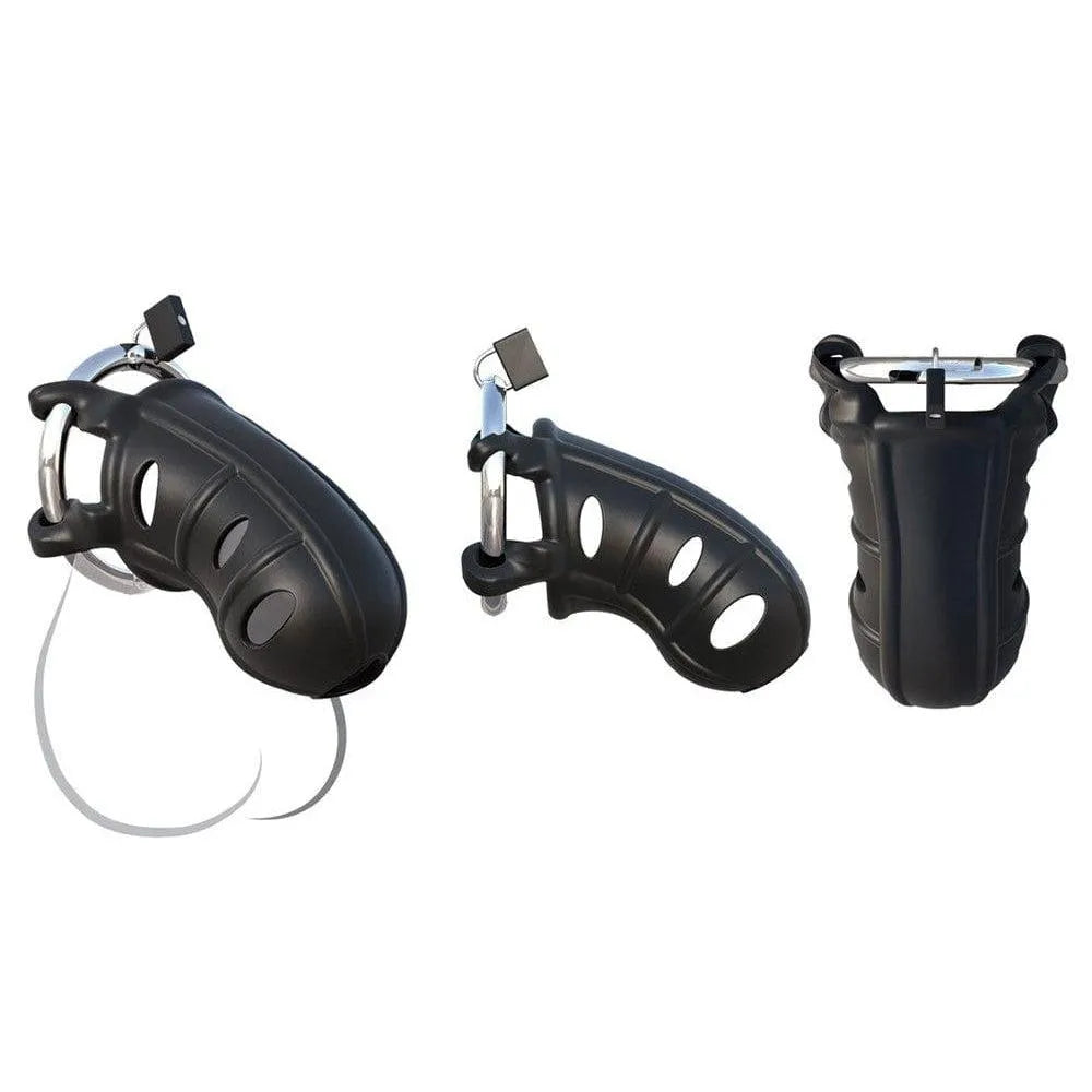 Cage de chasteté noire en silicone et acier, ajustable, avec cadenas, anneau pénien, design discret et sécurisé.