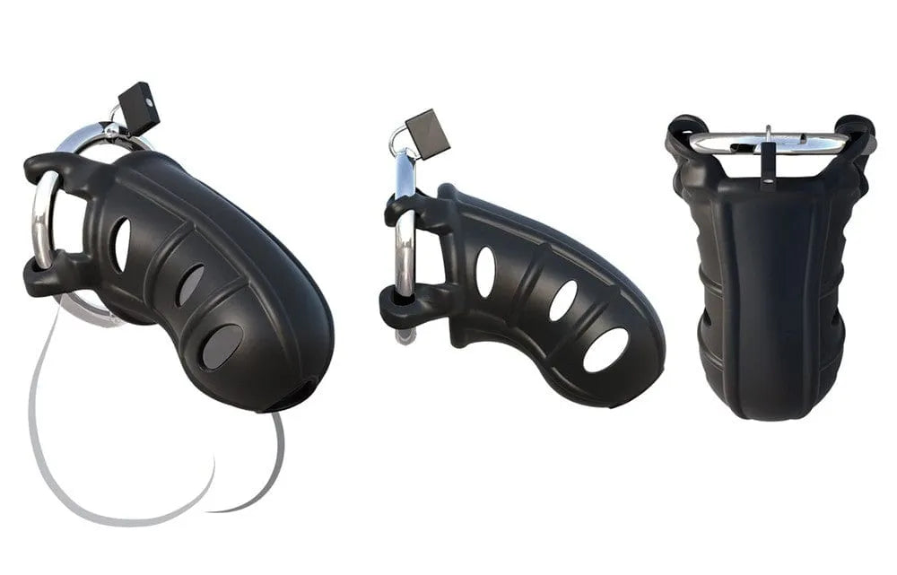 Cage de chasteté noire en silicone et acier, avec cadenas, anneau réglable, design ergonomique et discret.
