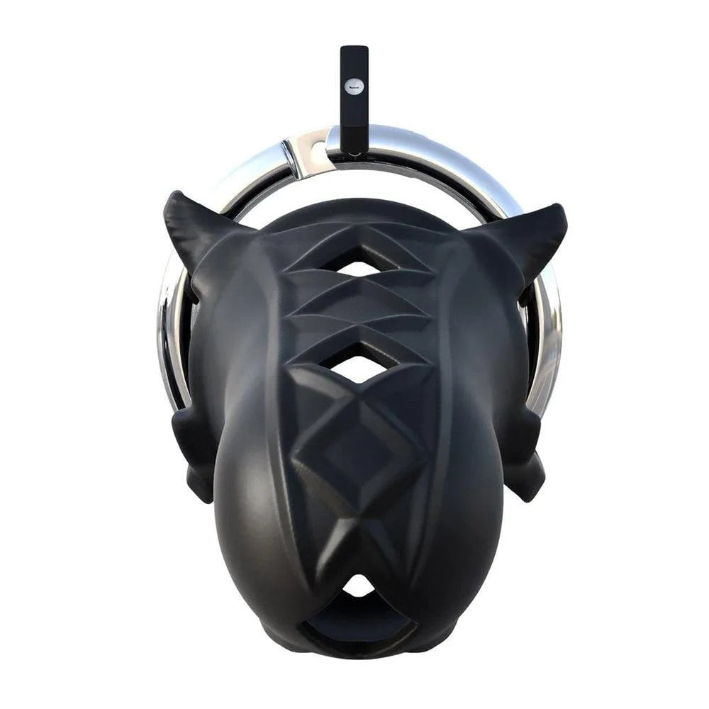 Cage de chasteté noire en silicone avec anneau pénien ajustable en acier, cadenas inclus, design ergonomique et sécurisé.