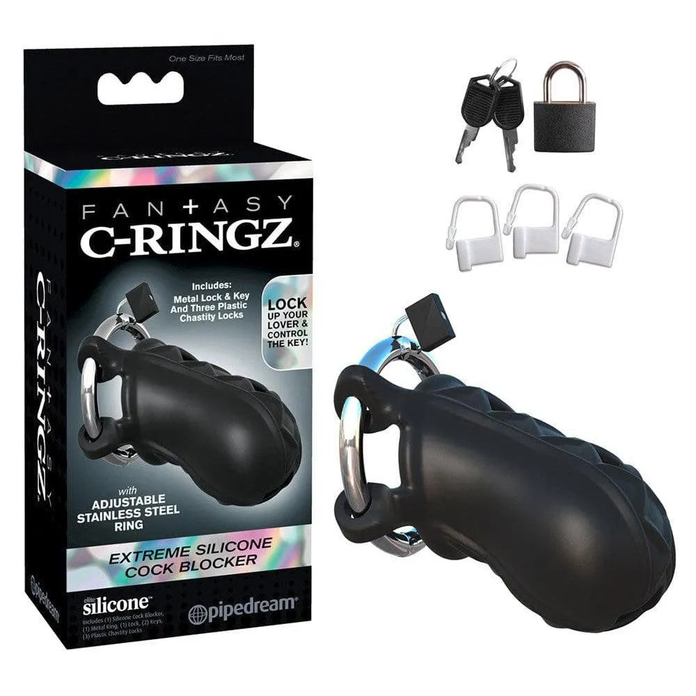 Cage de chasteté noire en silicone et acier, anneau ajustable, cadenas inclus, sur fond blanc.