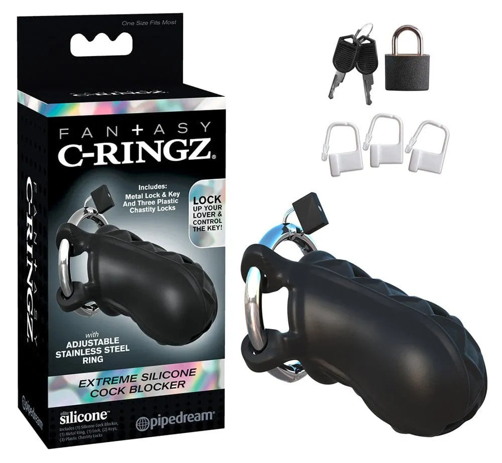 Cage de chasteté noire en silicone avec anneau ajustable, cadenas et clés inclus, sur fond blanc.