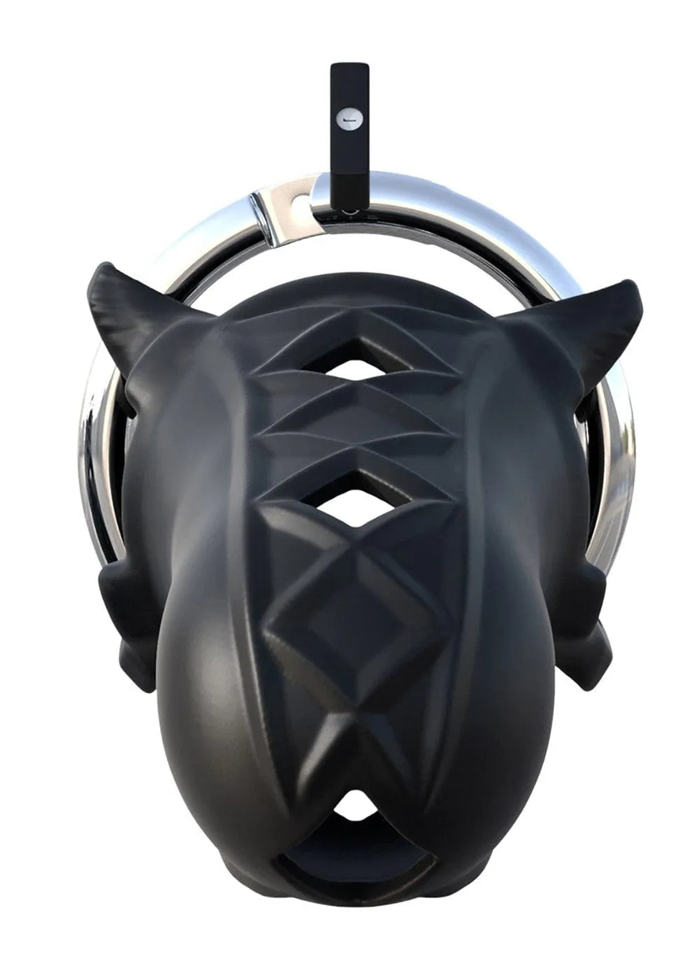 Cage de chasteté homme noire en silicone avec anneau pénien réglable en acier, cadenas inclus, design ergonomique.