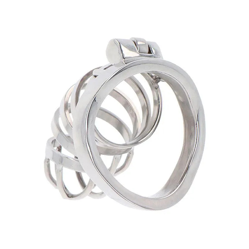 Cage de chasteté en acier inoxydable, finition polie, design ergonomique et discret, verrouillage sécurisé, ajustable.