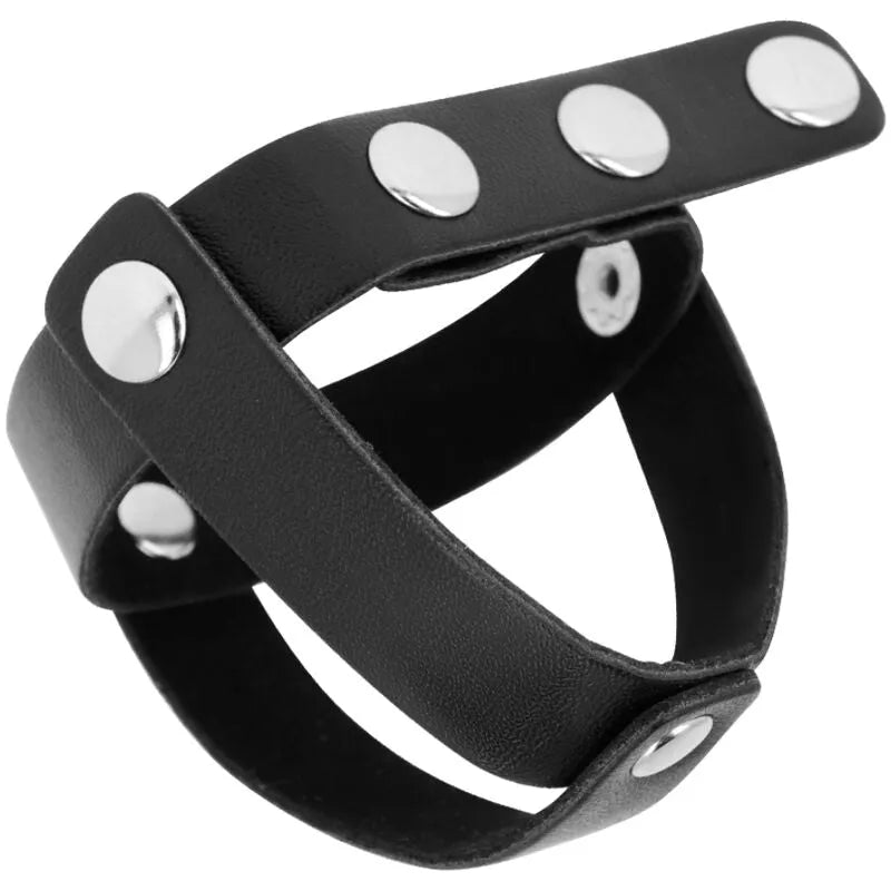Cage en cuir noir pour testicules, ajustable, sans nickel, avec rivets en acier inoxydable pour confort et sécurité.