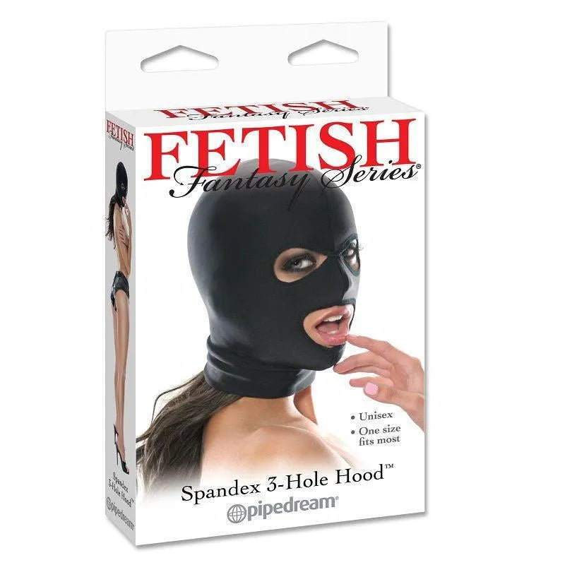 Cagoule BDSM noire en spandex à trois ouvertures pour yeux et bouche, ajustable et moulante, sur fond blanc.
