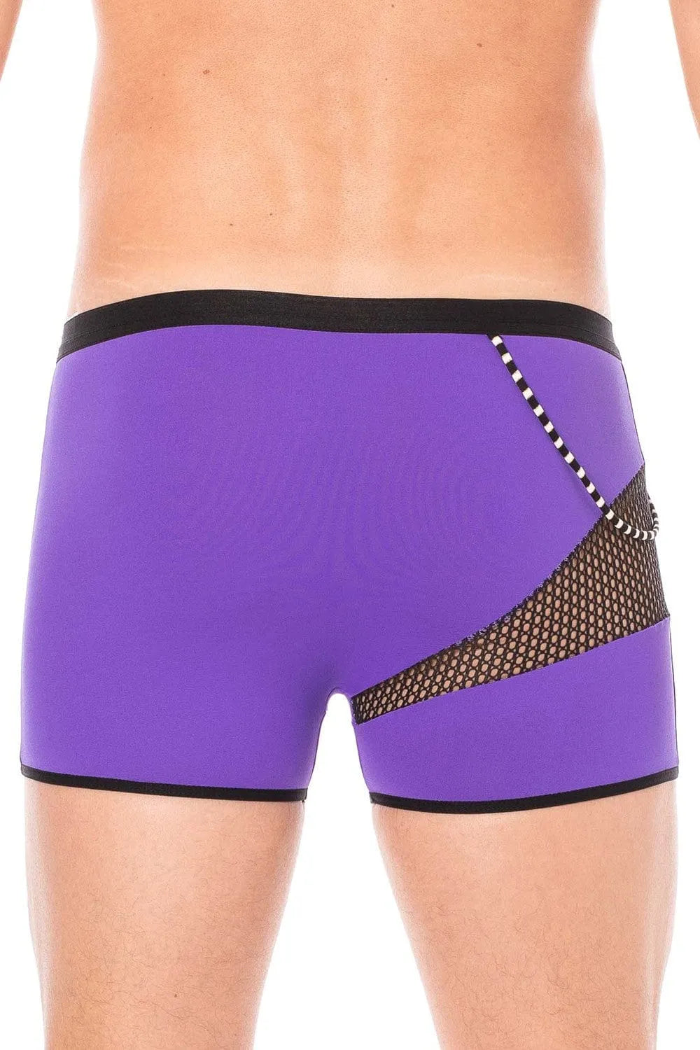 Boxer violet pour homme avec filets latéraux et cordelettes, design tendance et confortable, style urbain moderne.