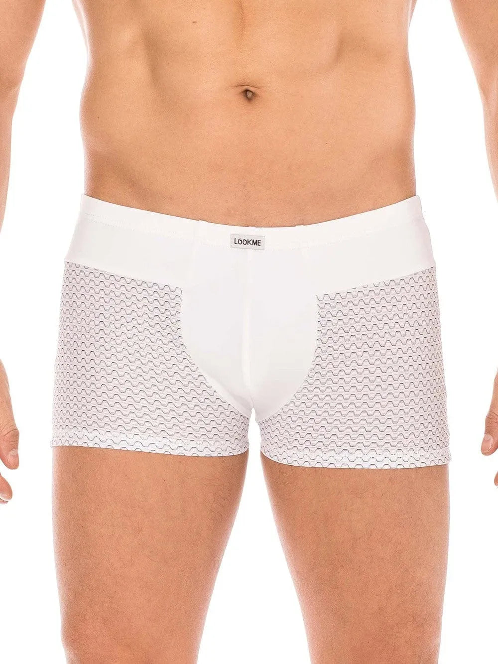 Boxer homme blanc avec ceinture large, motifs géométriques noirs, doux et respirant, en polyamide et spandex.