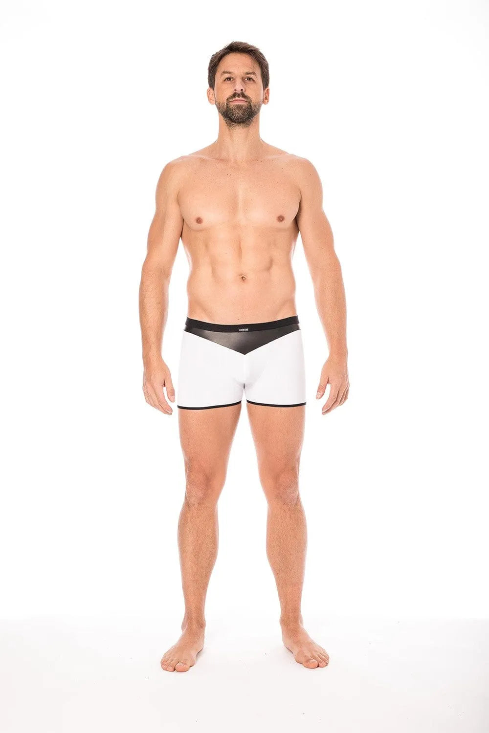 Boxer blanc moulant en polyester et élasthanne, design audacieux avec bande simili cuir, collection DARK SUN.