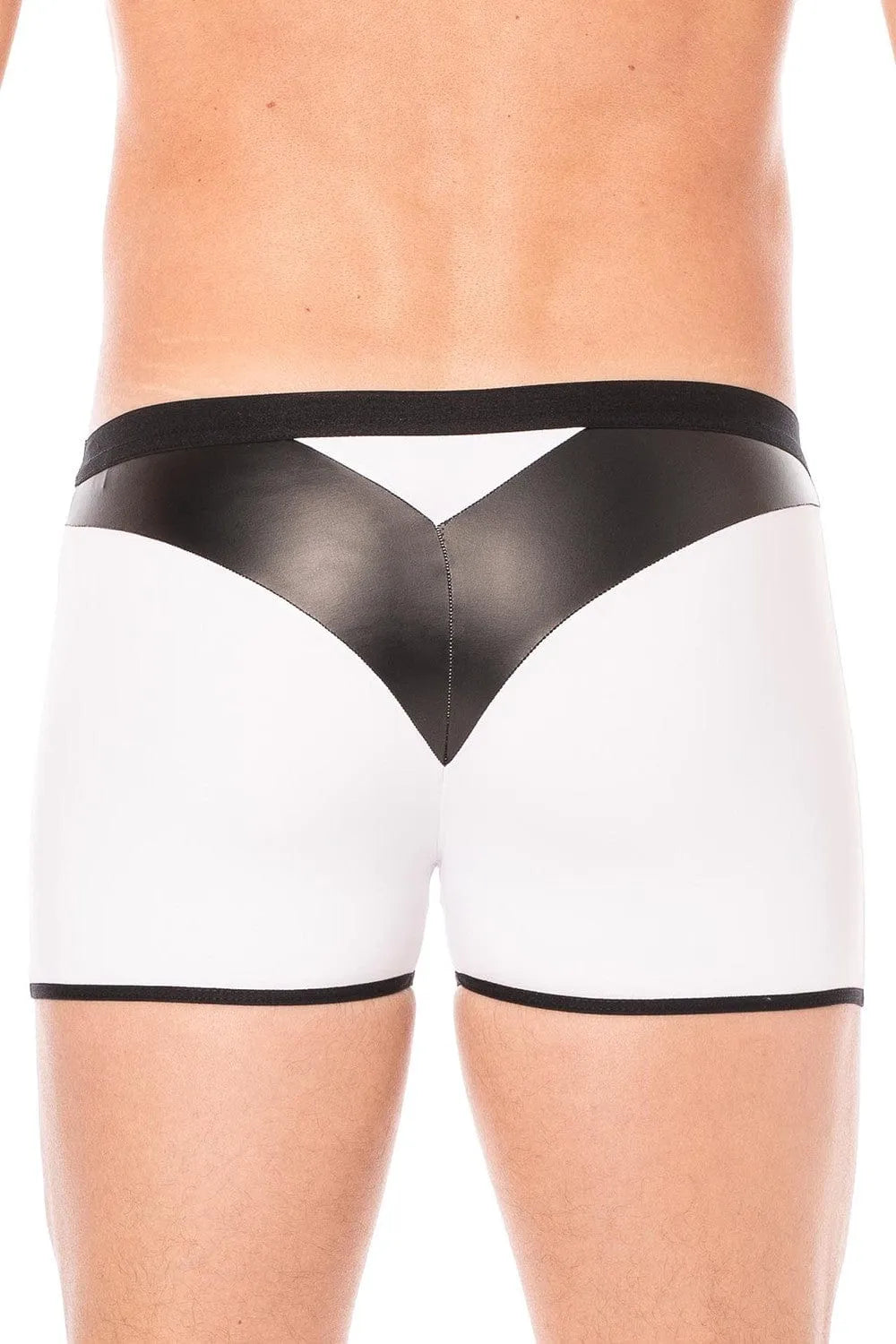 Boxer moulant blanc avec bande noire simili cuir en V, tissu doux et opaque, design audacieux de la collection DARK SUN.