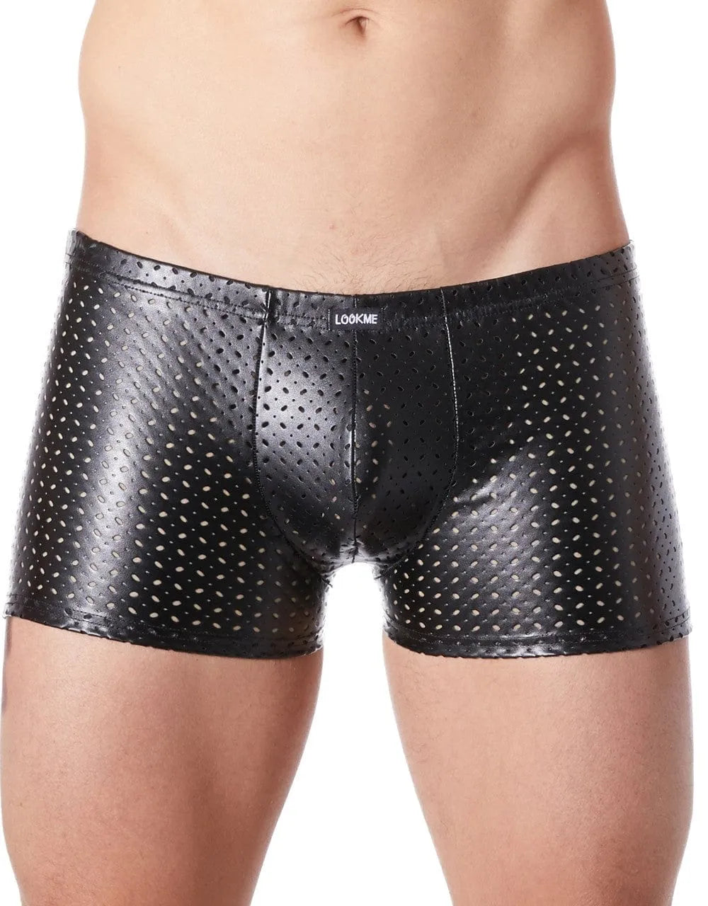Caleçon moulant homme noir vinyle brillant, ajouré de petits trous, effet fétichiste, confortable et extensible.