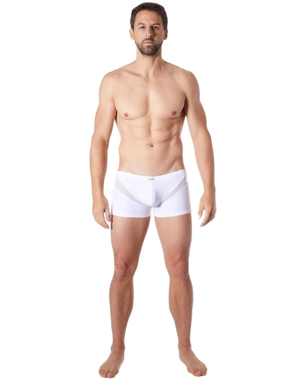 Boxer homme blanc en polyester élasthanne, coupe ajustée avec bandes en V résille, confortable et séduisant.