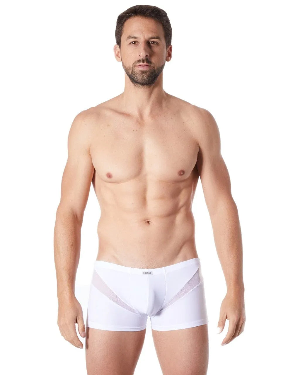 Boxer homme blanc, polyester élasthanne, résille en V, coupe ajustée, confortable et séduisant.