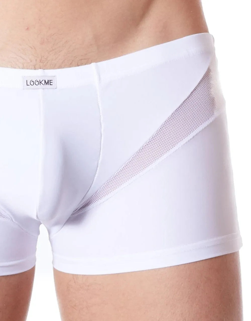 Boxer homme blanc, coupe ajustée, bandes V résille, polyester élasthanne, confort et style séduisant.