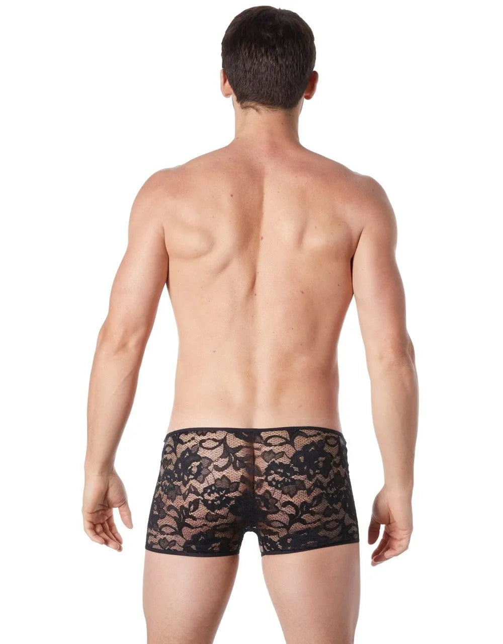 Caleçon homme noir en dentelle florale, transparent et ajusté, offrant confort et élégance pour un style sensuel et raffiné.