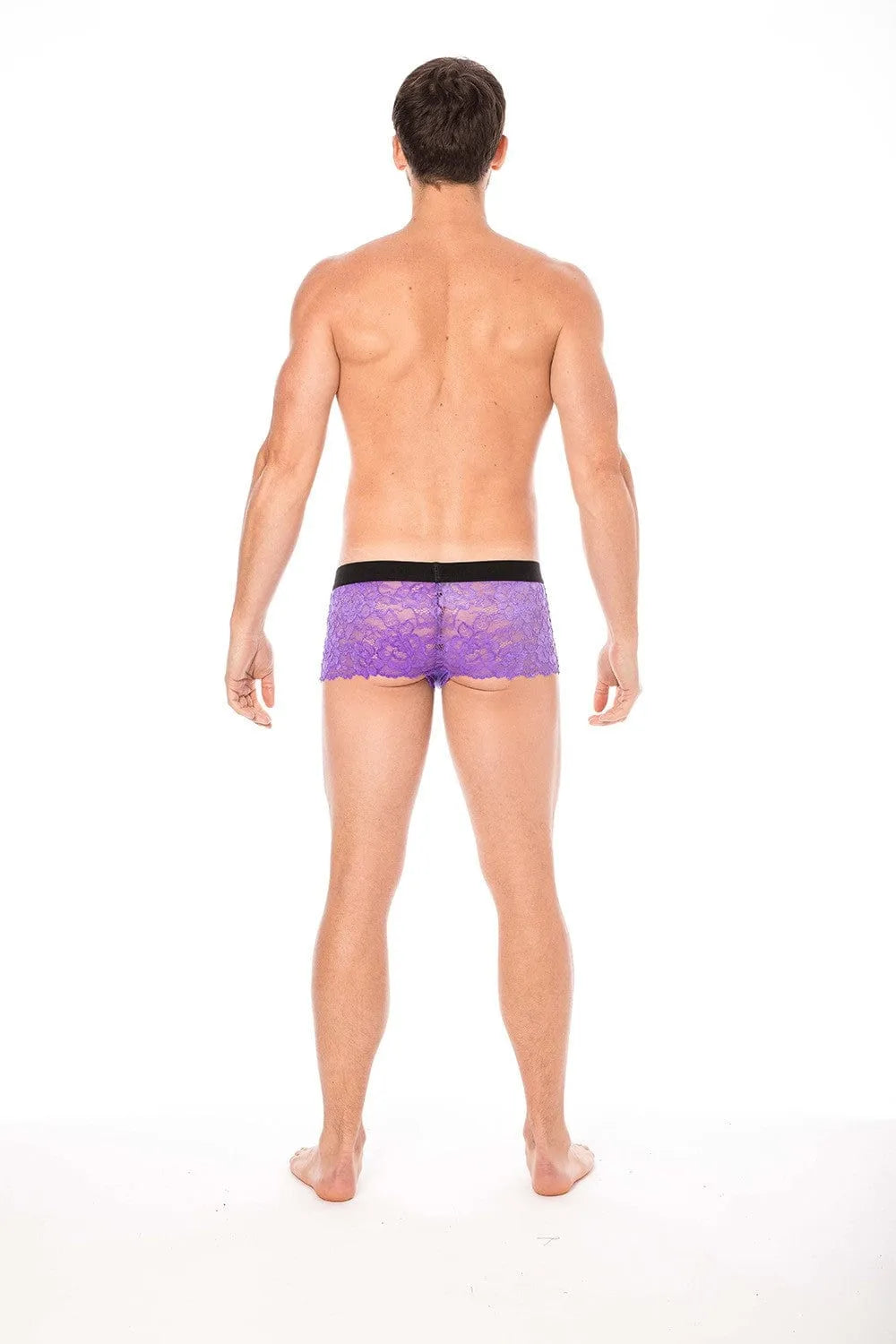 Caleçon homme violet en dentelle florale, poche opaque, maintien confortable, polyester élasthanne, lingerie élégante.